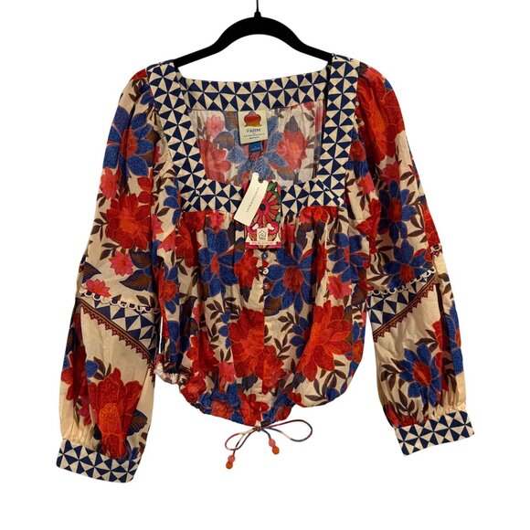 Farm Rio x Anthropologie Printed Square-Neck Puff-Sleeve Blouse Size S NWT - Picture 1 of 13